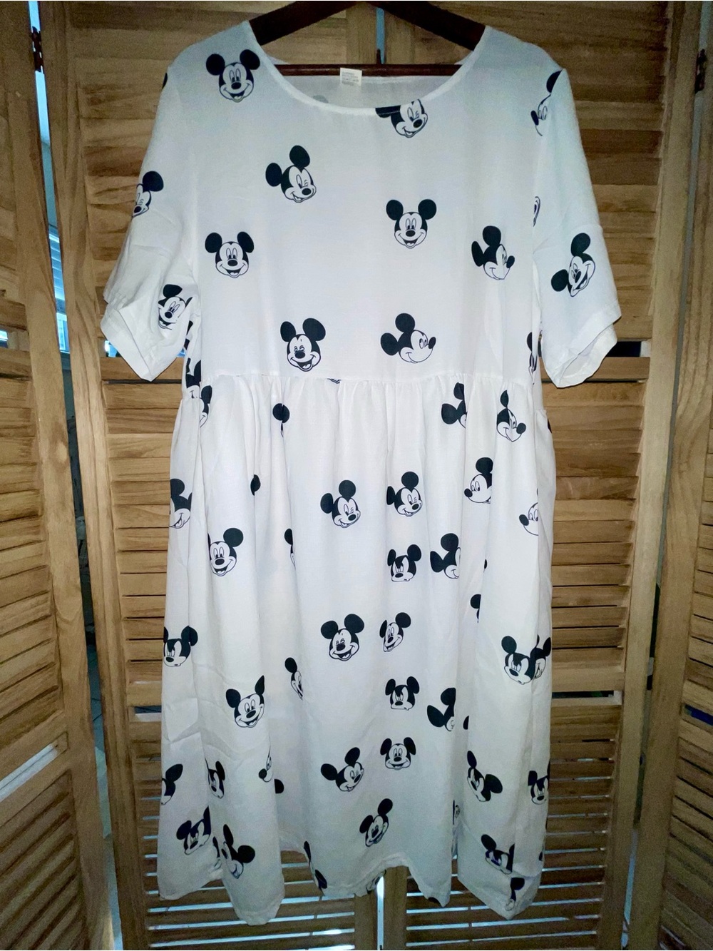 Adult Mickey Mouse Print Empire Waist Dress | Plus Size | White & Black | Casual
